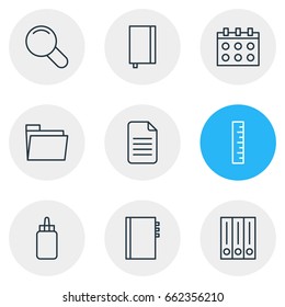 Vector Illustration Of 9 Tools Icons. Editable Pack Of Date, Zoom, Copybook And Other Elements.
