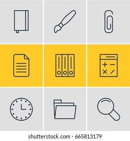Vector Illustration Of 9 Tools Icons. Editable Pack Of Paperclip, Folder, Zoom And Other Elements.