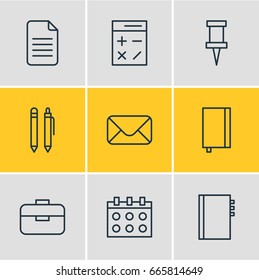 Vector Illustration Of 9 Tools Icons. Editable Pack Of Date, Letter, Textbook And Other Elements.