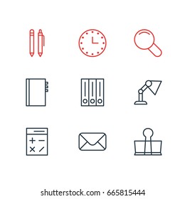 Vector Illustration Of 9 Tools Icons. Editable Pack Of Watch, Zoom, Calculate And Other Elements.