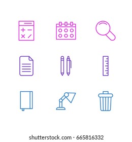 Vector Illustration Of 9 Tools Icons. Editable Pack Of Date, Folder, Garbage Container And Other Elements.