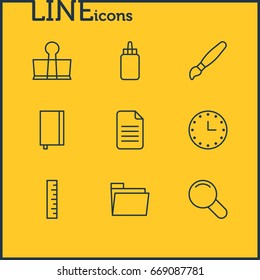 Vector Illustration Of 9 Tools Icons. Editable Pack Of Watch, Adhesive, Copybook And Other Elements.