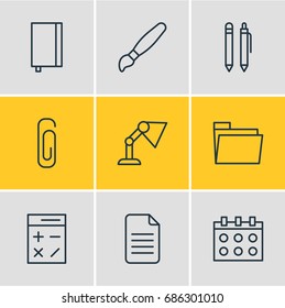 Vector Illustration Of 9 Tools Icons. Editable Pack Of Illuminator, Calculate, Copybook And Other Elements.