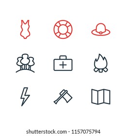Vector illustration of 9 tourism icons line style. Editable set of medicine, forest, map and other icon elements.