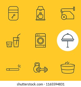 Vector illustration of 9 tourism icons line style. Editable set of coffee machine, drink, washing machine and other icon elements.