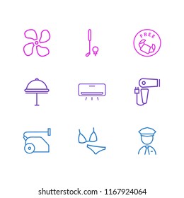 Vector illustration of 9 tourism icons line style. Editable set of security guard, vacuum cleaner, free breakfast and other icon elements.