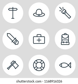 Vector illustration of 9 tourism icons line style. Editable set of hat, medicine, blade and other icon elements.