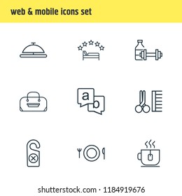 Vector Illustration Of 9 Tourism Icons Line Style. Editable Set Of Feedback, Scissors With Comb, Fitness Room And Other Icon Elements.