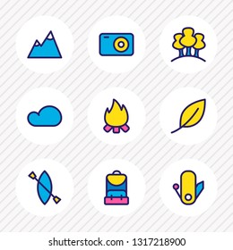 Vector illustration of 9 tourism icons colored line. Editable set of forest, camera, cloud and other icon elements.