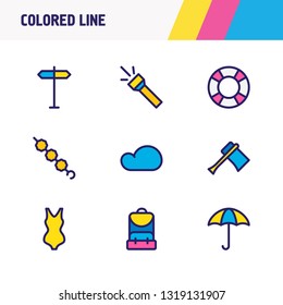 Vector illustration of 9 tourism icons colored line. Editable set of axe, lifebuoy, umbrella and other icon elements.