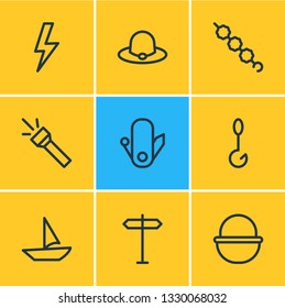 Vector illustration of 9 tourism icons line style. Editable set of boat, flash, fishing and other icon elements.