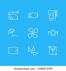 Vector illustration of 9 tourism icons line style. Editable set of beach umbrella, toothbrush, pillow and other icon elements.