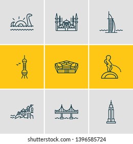 Vector illustration of 9 tourism icons line style. Editable set of pentagon, loch ness, santorini and other icon elements.