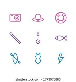 Vector illustration of 9 tourism icons line style. Editable set of hat, camera, fishing and other icon elements.