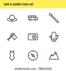 Vector illustration of 9 tourism icons line style. Editable set of photo apparatus, transportation, cap and other elements.