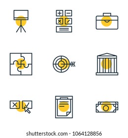 Vector illustration of 9 trade icons line style. Editable set of calculator, document, briefcase and other icon elements.