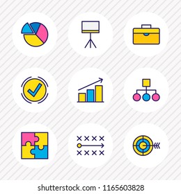 Vector illustration of 9 trade icons colored line. Editable set of chart, briefcase, pie chart and other icon elements.