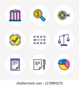 Vector illustration of 9 trade icons colored line. Editable set of strategy, contract, scales and other icon elements.