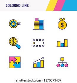 Vector illustration of 9 trade icons colored line. Editable set of chart, bar chart, puzzle and other icon elements.