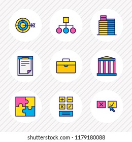 Vector illustration of 9 trade icons colored line. Editable set of calculator, decision making, buildings and other icon elements.