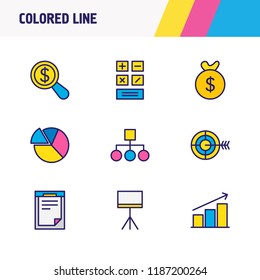 Vector illustration of 9 trade icons colored line. Editable set of target, pie chart, research and other icon elements.