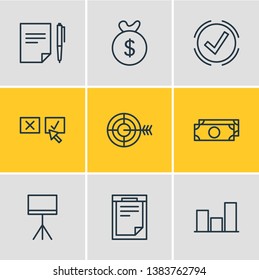 Vector illustration of 9 trade icons line style. Editable set of decision, target, bar and other icon elements.