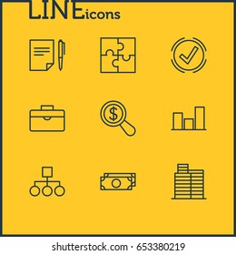 Vector Illustration Of 9 Trade Icons. Editable Pack Of Graph, Riddle, Magnifier And Other Elements.