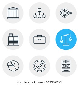 Vector Illustration Of 9 Trade Icons. Editable Pack Of Balance, Chart, Goal And Other Elements.