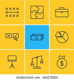 Vector Illustration Of 9 Trade Icons. Editable Pack Of Portfolio, Balance, Tactics And Other Elements.