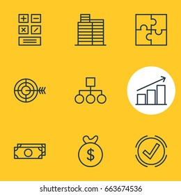 Vector Illustration Of 9 Trade Icons. Editable Pack Of Bag, Solution, Cash And Other Elements.