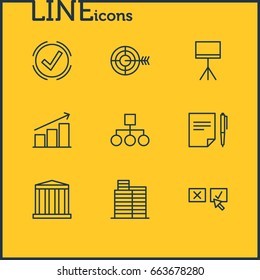 Vector Illustration Of 9 Trade Icons. Editable Pack Of Board Stand, Scheme , Solution Elements.