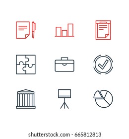 Vector Illustration Of 9 Trade Icons. Editable Pack Of Chart , Board Stand, Building Elements.