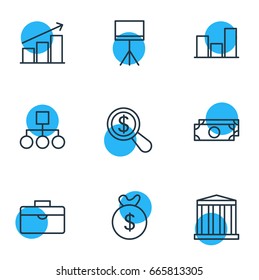 Vector Illustration Of 9 Trade Icons. Editable Pack Of Graph , Board Stand, Portfolio Elements.