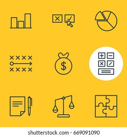 Vector Illustration Of 9 Trade Icons. Editable Pack Of Balance, Riddle, Chart And Other Elements.