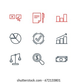 Vector Illustration Of 9 Trade Icons. Editable Pack Of Recision, Cash, Columns And Other Elements.