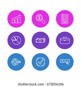 Vector Illustration Of 9 Trade Icons. Editable Pack Of Magnifier, Chart, Columns And Other Elements.
