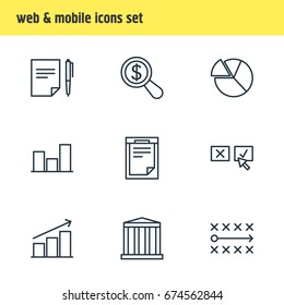 Vector Illustration Of 9 Trade Icons. Editable Pack Of Agreement, Building, Recision And Other Elements.