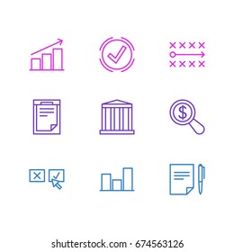 Vector Illustration Of 9 Trade Icons. Editable Pack Of Magnifier, Building, Solution And Other Elements.