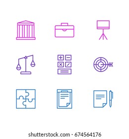 Vector Illustration Of 9 Trade Icons. Editable Pack Of Board Stand, Riddle, Building Elements.