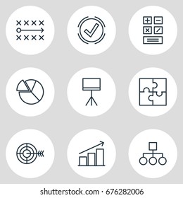 Vector Illustration Of 9 Trade Icons. Editable Pack Of Chart, Riddle, Tactics And Other Elements.