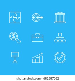 Vector Illustration Of 9 Trade Icons. Editable Pack Of Magnifier, Goal, Solution And Other Elements.