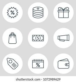 Vector illustration of 9 trading icons line style. Editable set of advertisement, gift, profit and other icon elements.