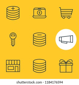 Vector illustration of 9 trading icons line style. Editable set of commerce, shopping cart, profit and other icon elements.