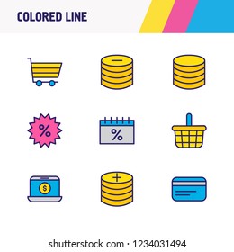 Vector illustration of 9 trading icons colored line. Editable set of sales day, shopping cart, credit card and other icon elements.