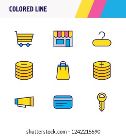 Vector illustration of 9 trading icons colored line. Editable set of key, shop, shopping cart and other icon elements.