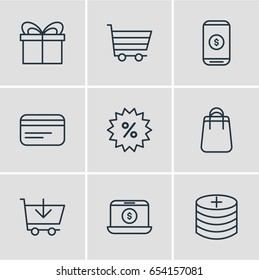 Vector Illustration Of 9 Trading Icons. Editable Pack Of Plus, Present, Sales And Other Elements.
