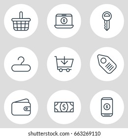 Vector Illustration Of 9 Trading Icons. Editable Pack Of Buy, Rack, Tag And Other Elements.