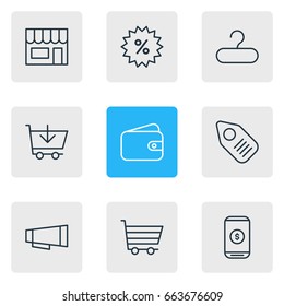 Vector Illustration Of 9 Trading Icons. Editable Pack Of Rack, Advertising, Sales And Other Elements.