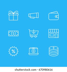 Vector Illustration Of 9 Trading Icons. Editable Pack Of Sales, Coins, Market And Other Elements.