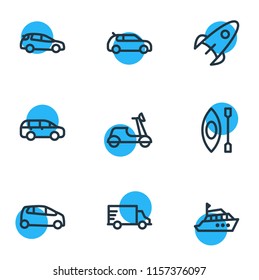 Vector illustration of 9 transit icons line style. Editable set of supermini, compact car, kayak and other icon elements.